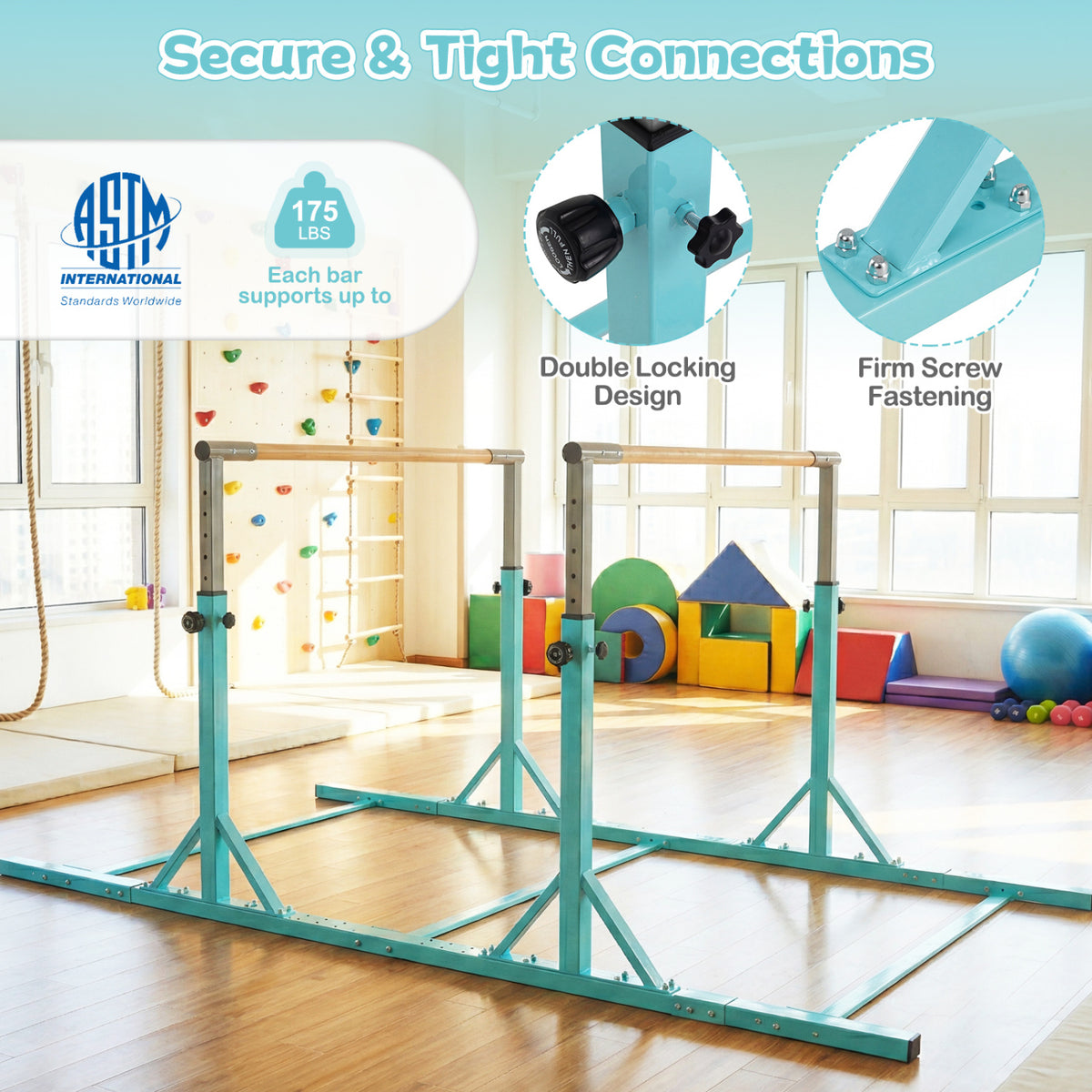 8 FT Double Horizontal Bars with 13-Level Adjustable Heights-Green