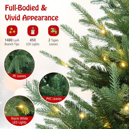 8 FT Pre-Lit Artificial Hinged Xmas Tree with 1480 PVC and PE Branch Tips-XL