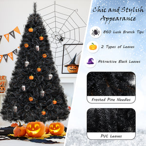 6/7/8 Feet Black Artificial Halloween Christmas Tree with PVC Branch Tips and 210/320/450 Cool White LED Lights-L