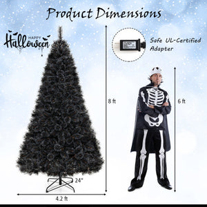 6/7/8 Feet Black Artificial Halloween Christmas Tree with PVC Branch Tips and 210/320/450 Cool White LED Lights-L