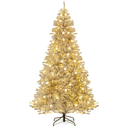 8 Feet Snow-flocked Artificial Christmas Tree Pre-lit Hinged with 81 Sphere Lights and Remote