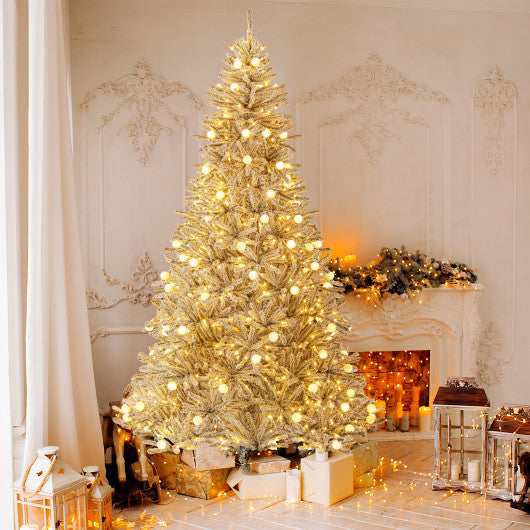 8 Feet Snow-flocked Artificial Christmas Tree Pre-lit Hinged with 81 Sphere Lights and Remote