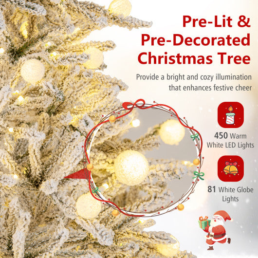 8 Feet Snow-flocked Artificial Christmas Tree Pre-lit Hinged with 81 Sphere Lights and Remote