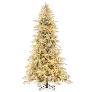8 Feet Snow-flocked Artificial Christmas Tree Pre-lit Hinged Xmas Tree with Warm White LED Lights