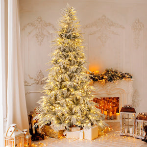 8 Feet Snow-flocked Artificial Christmas Tree Pre-lit Hinged Xmas Tree with Warm White LED Lights