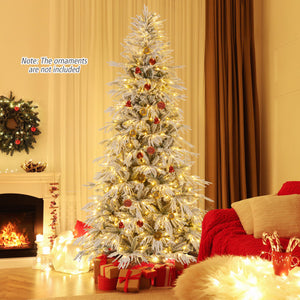 7 Feet Snow-flocked Artificial Christmas Tree Pre-lit Hinged with 81 Sphere Lights and Remote