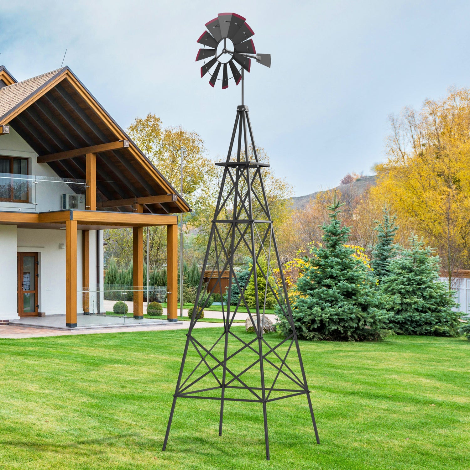 8 Feet Windmill Metal Ornamental Wind Wheel Weather Resistant-Gray