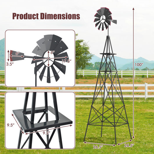 8 Feet Windmill Metal Ornamental Wind Wheel Weather Resistant-Gray