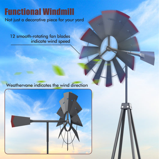 8 Feet Windmill Metal Ornamental Wind Wheel Weather Resistant-Gray