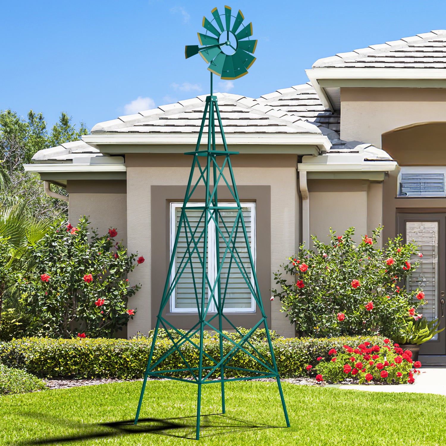 8 Feet Windmill Metal Ornamental Wind Wheel Weather Resistant-Gray