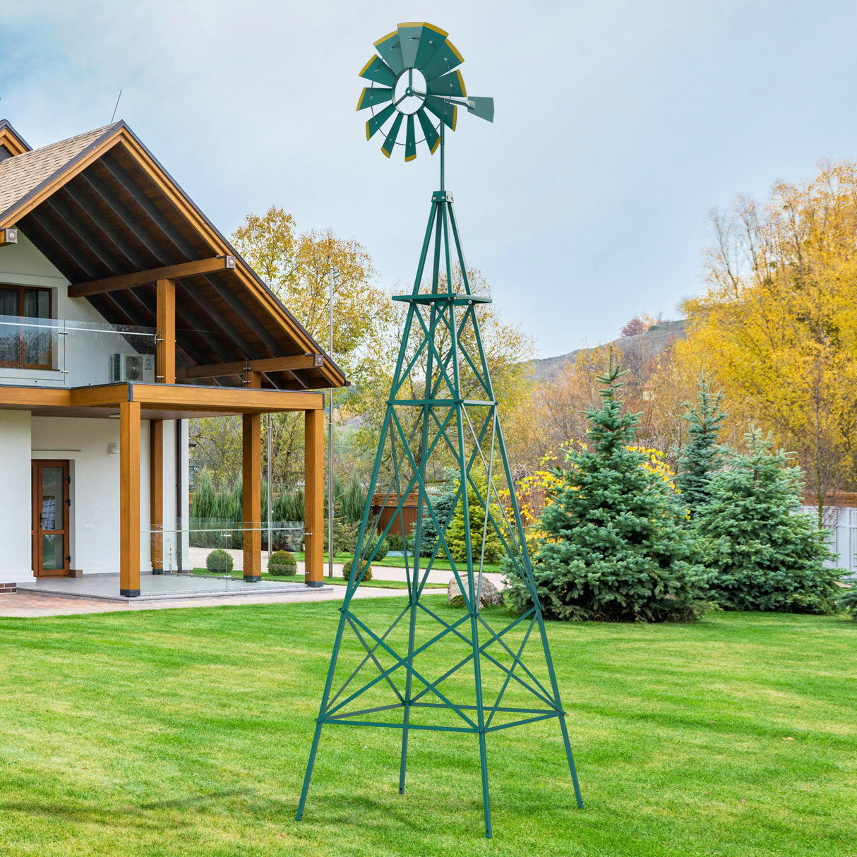8 Feet Windmill Metal Ornamental Wind Wheel Weather Resistant-Gray