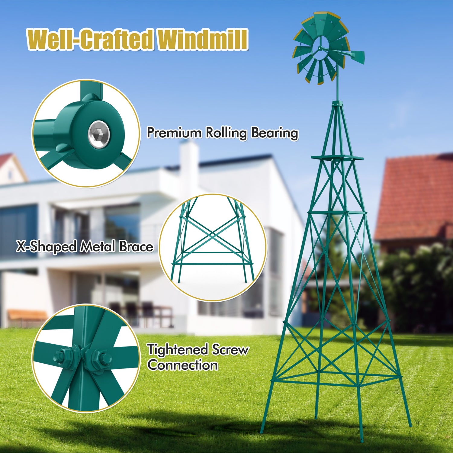 8 Feet Windmill Metal Ornamental Wind Wheel Weather Resistant-Gray