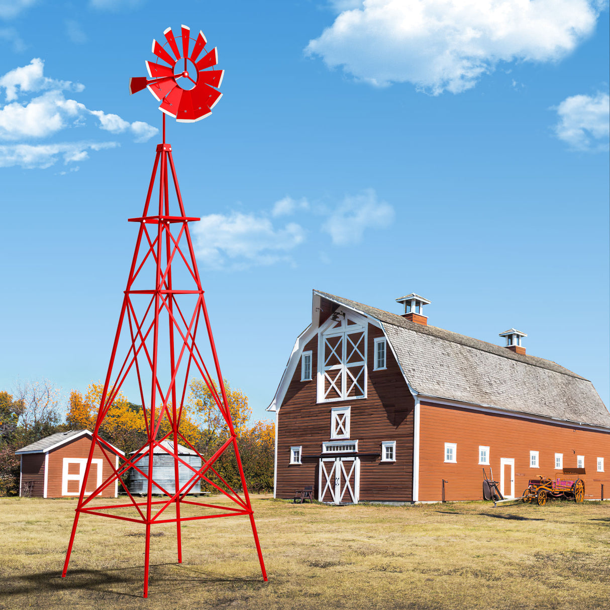 8 Feet Windmill Metal Ornamental Wind Wheel Weather Resistant-Red