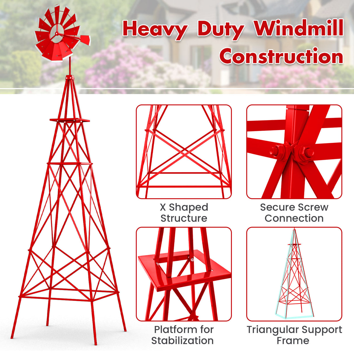 8 Feet Windmill Metal Ornamental Wind Wheel Weather Resistant-Red