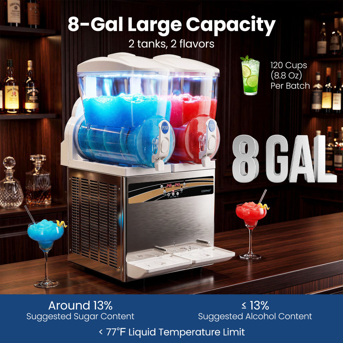8 Gal Commercial Slushie Machine with LED Lights-Silver