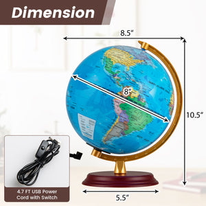 8 Inch Illuminated World Globe Night Light up Globe Lamp with Wooden Stand and HD Map-Blue