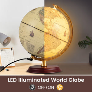 8 Inch Illuminated World Globe Night Light up Globe Lamp with Wooden Stand and HD Map-Brozen