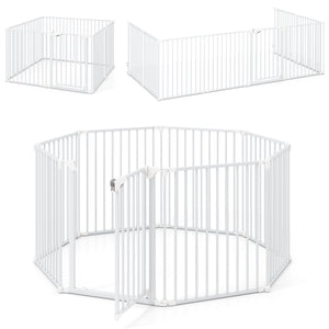 8-Panel Extra Wide Baby Gate Adjustable Pet Safety Fence with Auto-close Door-White