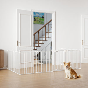 8-Panel Extra Wide Baby Gate Adjustable Pet Safety Fence with Auto-close Door-White