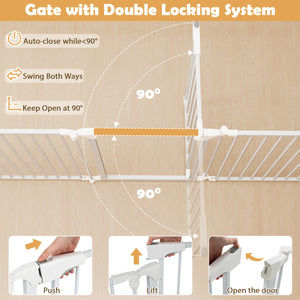 8-Panel Extra Wide Baby Gate Adjustable Pet Safety Fence with Auto-close Door-White