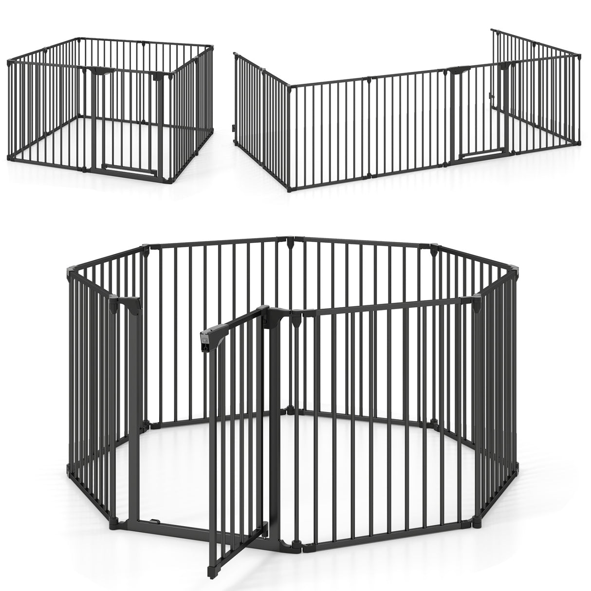 8-Panel Extra Wide Baby Gate Adjustable Pet Safety Fence with Auto-close Door-Black
