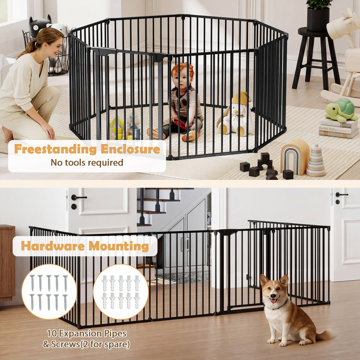 8-Panel Extra Wide Baby Gate Adjustable Pet Safety Fence with Auto-close Door-Black