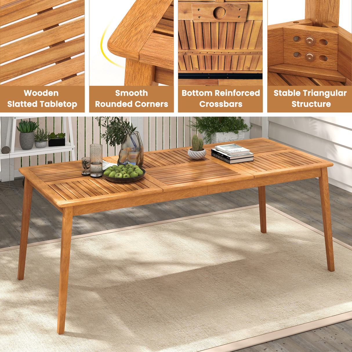 8-Person Outdoor Acacia Wood Dining Rectangular Bistro Table with Umbrella Hole