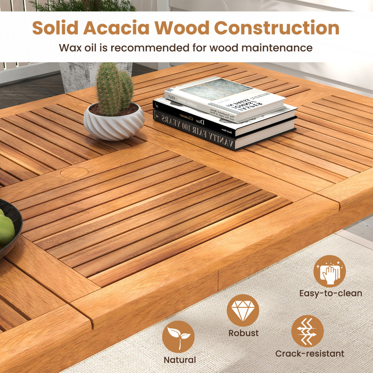 8-Person Outdoor Acacia Wood Dining Rectangular Bistro Table with Umbrella Hole