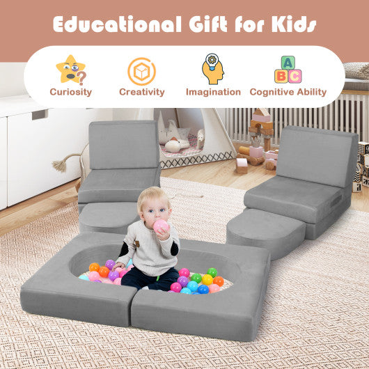 8-Piece Modular Kids Play Couch with Comfy Suede Fabric-Gray