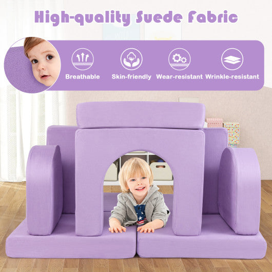 8-Piece Modular Kids Play Couch with Comfy Suede Fabric-Purple