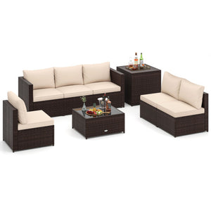 8 Piece Patio Furniture Set with Storage Box and Tempered Glass Coffee Table-Beige