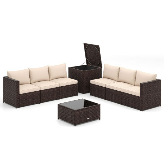 8 Piece Patio Furniture Set with Storage Box and Tempered Glass Coffee Table-Beige