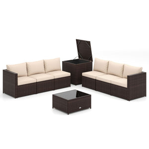 8 Piece Patio Furniture Set with Storage Box and Tempered Glass Coffee Table-Beige