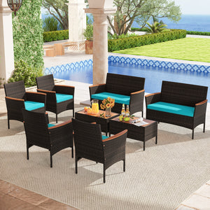 8 Piece Patio Wicker Sofa Set 4 Rattan Chairs and 2 Loveseat with 2 Table-Turquoise