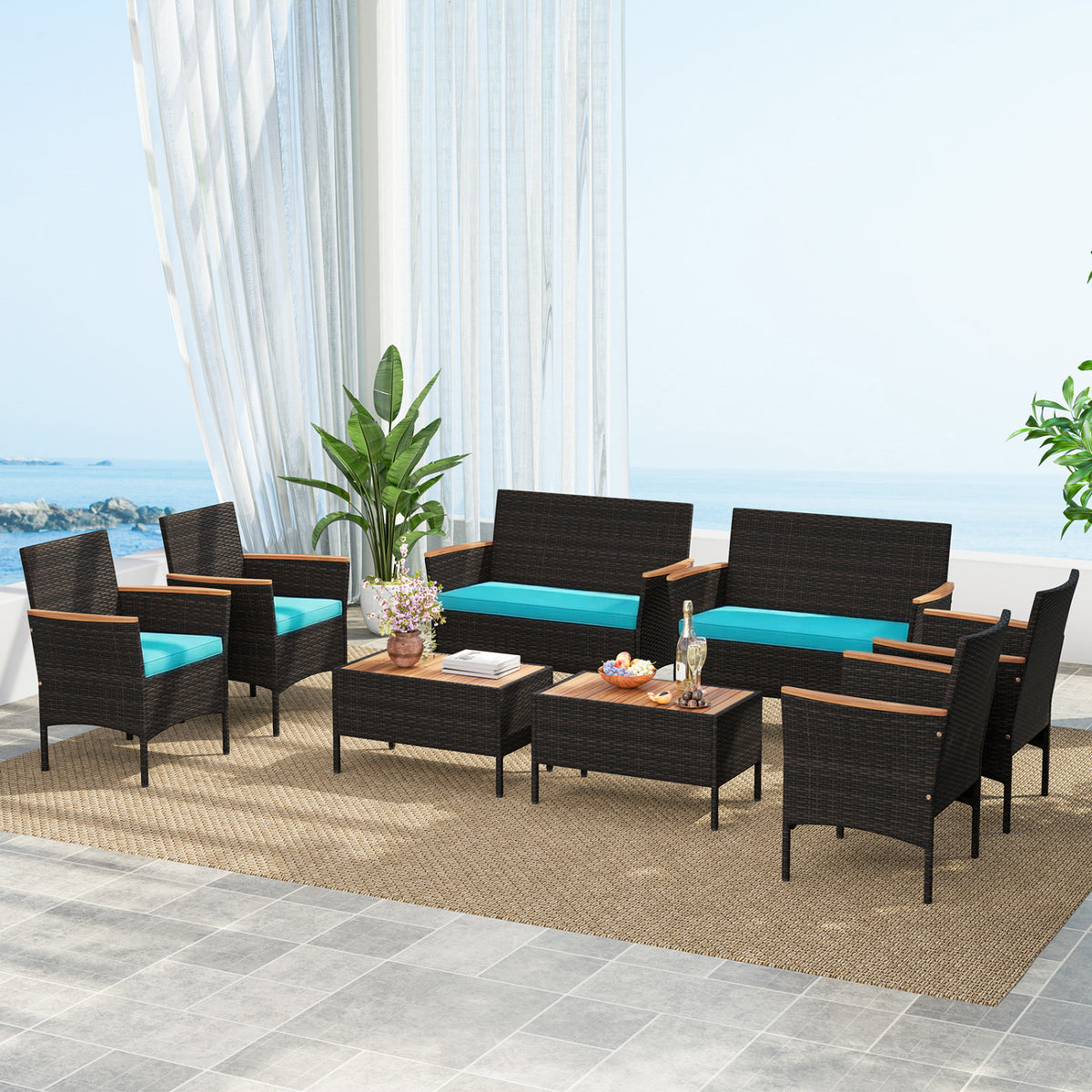 8 Piece Patio Wicker Sofa Set 4 Rattan Chairs and 2 Loveseat with 2 Table-Turquoise