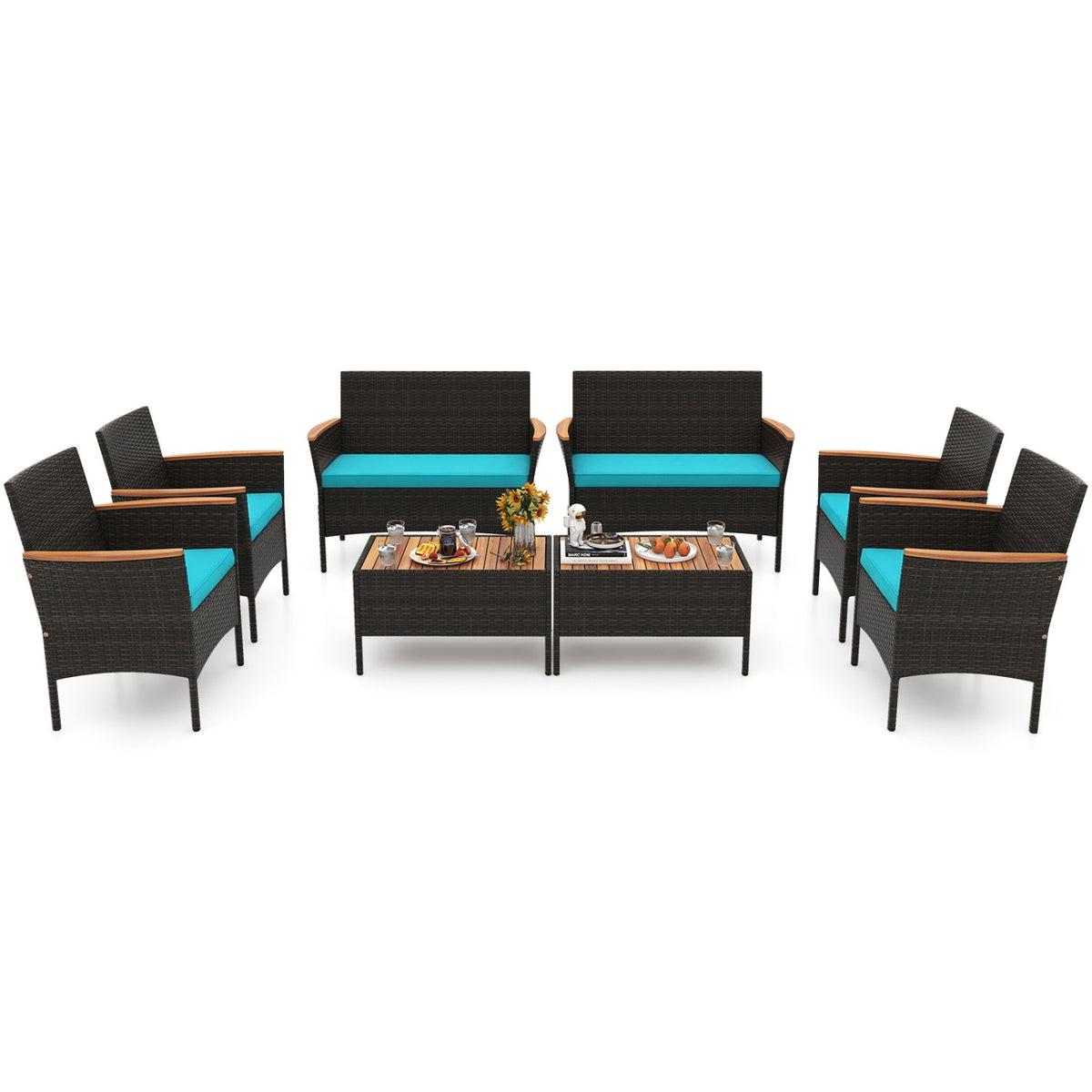 8 Piece Patio Wicker Sofa Set 4 Rattan Chairs and 2 Loveseat with 2 Table-Turquoise