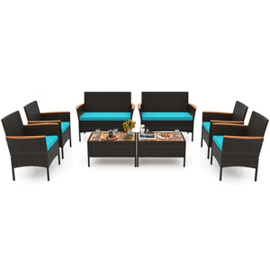 8 Piece Patio Wicker Sofa Set 4 Rattan Chairs and 2 Loveseat with 2 Table-Turquoise
