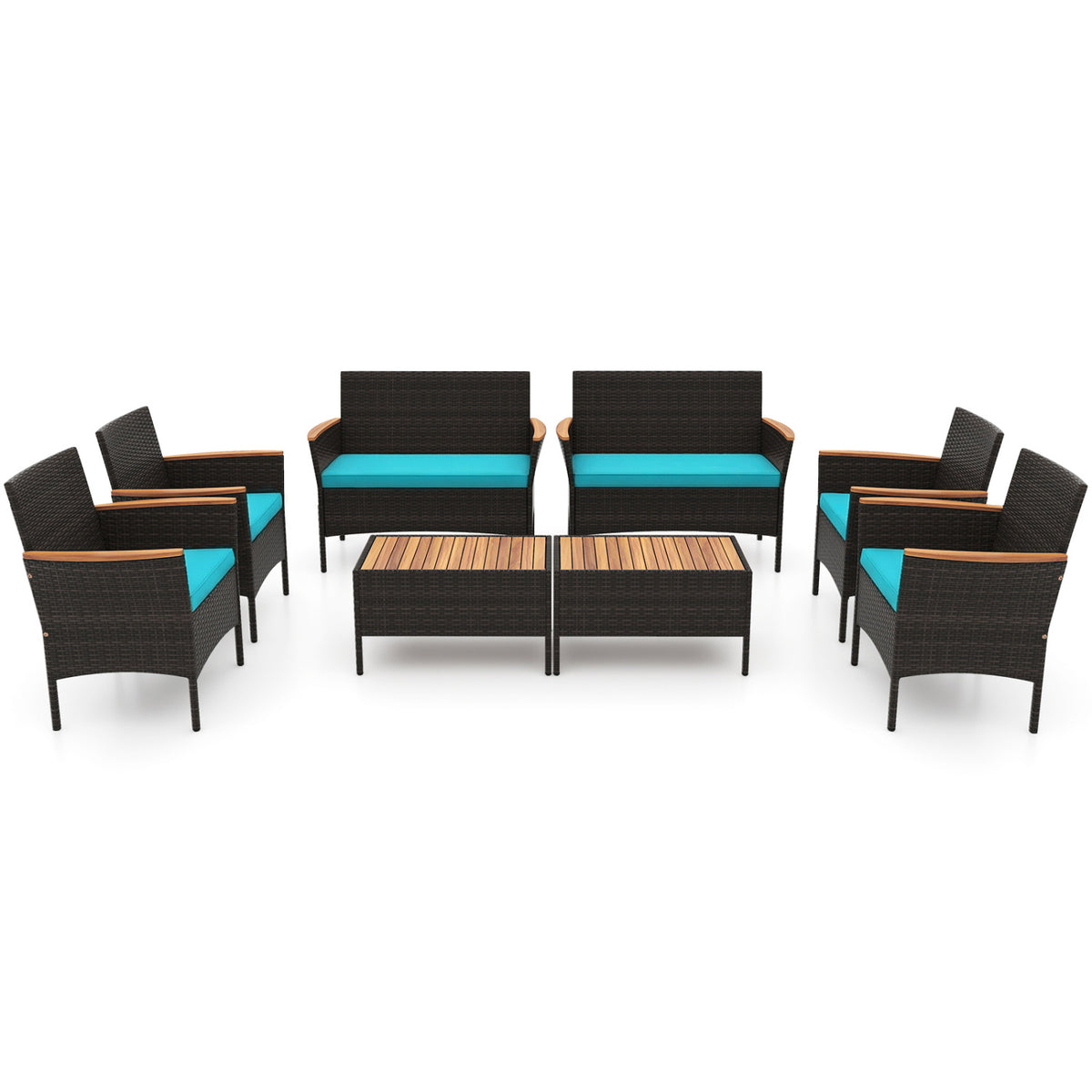 8 Piece Patio Wicker Sofa Set 4 Rattan Chairs and 2 Loveseat with 2 Table-Turquoise