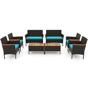 8 Piece Patio Wicker Sofa Set 4 Rattan Chairs and 2 Loveseat with 2 Table-Turquoise
