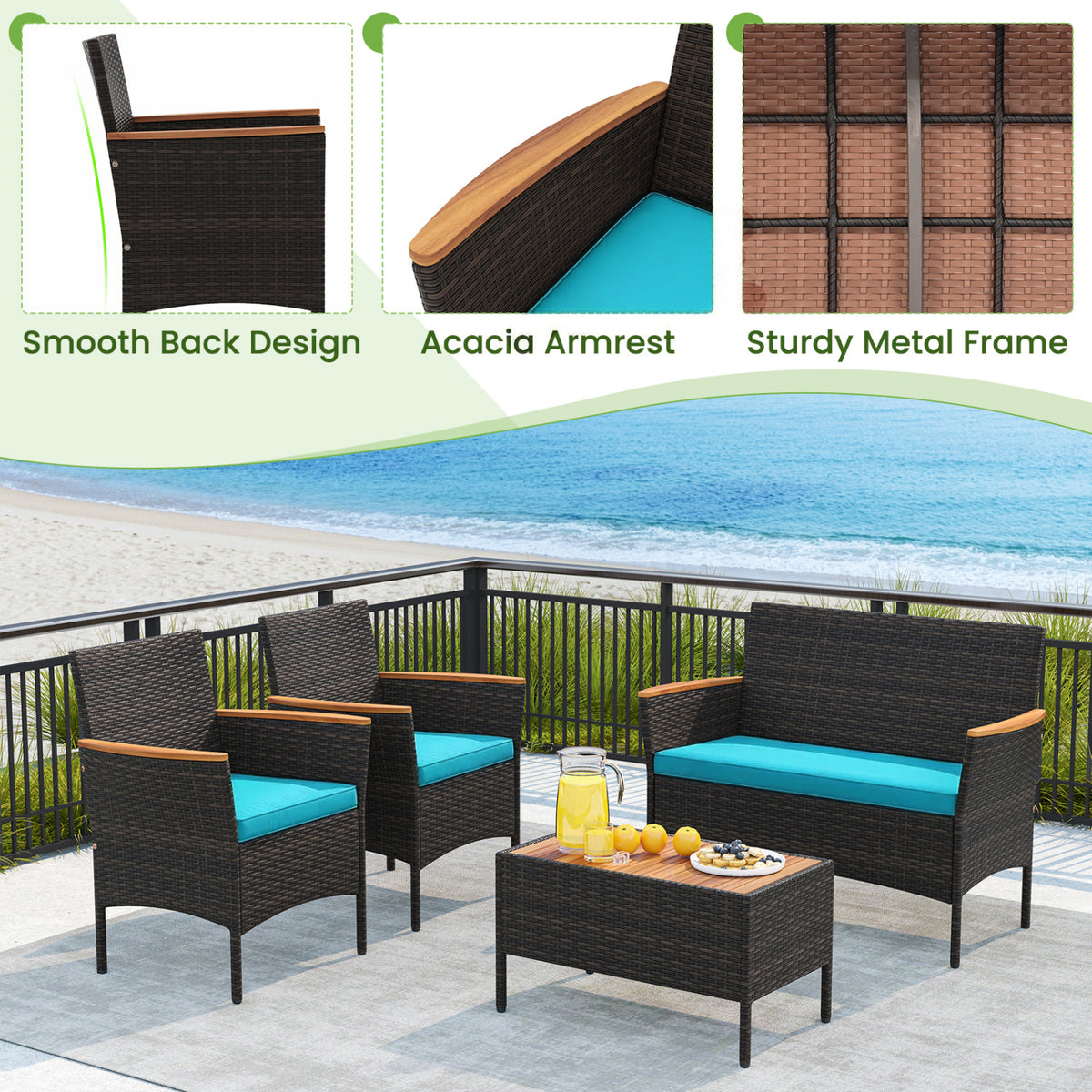 8 Piece Patio Wicker Sofa Set 4 Rattan Chairs and 2 Loveseat with 2 Table-Turquoise