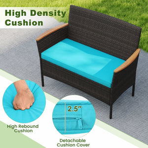 8 Piece Patio Wicker Sofa Set 4 Rattan Chairs and 2 Loveseat with 2 Table-Turquoise