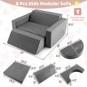 8 Pieces Kids Modular Play Sofa with Detachable Cover for Playroom and Bedroom-Gray