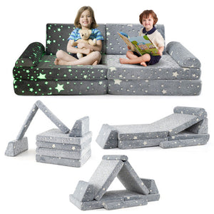 8 Pieces Modular Kids Play Couch Glow in the Dark Toddler Sectional Sofa-Gray