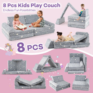 8 Pieces Modular Kids Play Couch Glow in the Dark Toddler Sectional Sofa-Gray