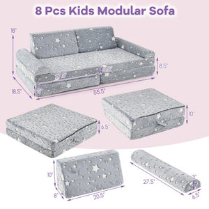 8 Pieces Modular Kids Play Couch Glow in the Dark Toddler Sectional Sofa-Gray