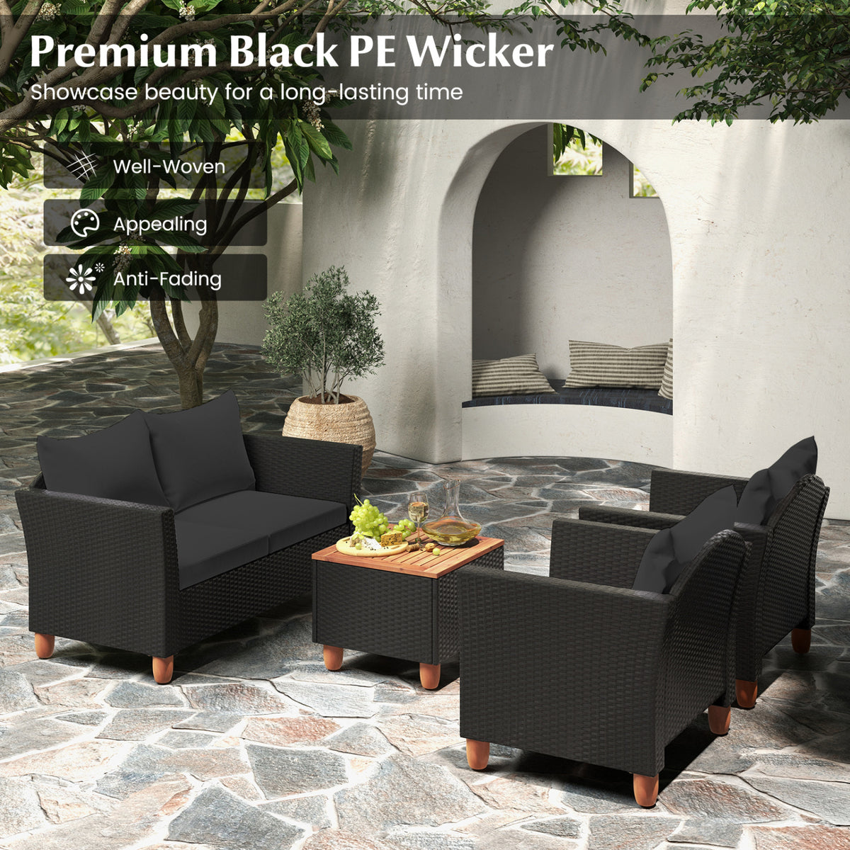 8 Pieces Outdoor Conversation Set with Storage Coffee Table-Black