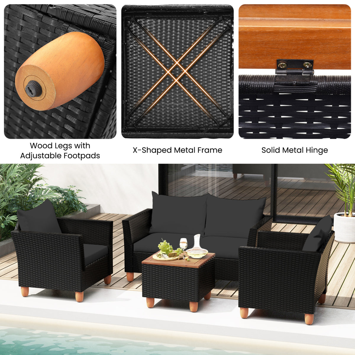 8 Pieces Outdoor Conversation Set with Storage Coffee Table-Black