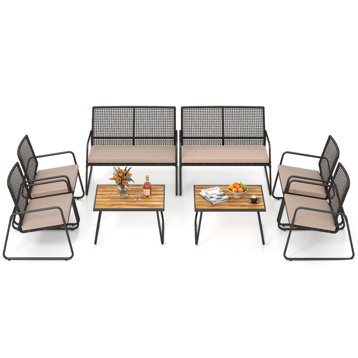8 Pieces Patio Furniture Set with Acacia Wood Coffee Table and Zippered Cushions-Yellow