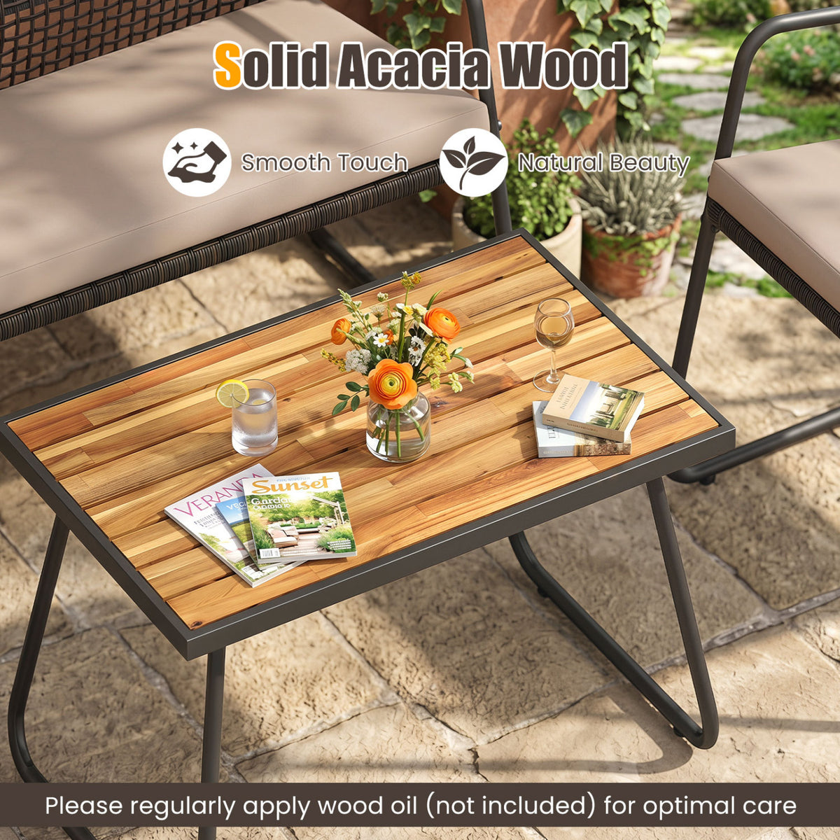 8 Pieces Patio Furniture Set with Acacia Wood Coffee Table and Zippered Cushions-Yellow