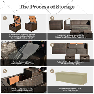 8 Pieces Patio Space-Saving Rattan Furniture Set with Storage Box and Waterproof Cover-Black